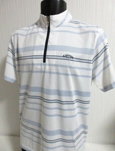 ■54半袖■男■キャロウェイ Men'sZIPupシャツ/USED/Ｌ/白xオフ水色x黒/ボーダー/刺しゅうロゴ