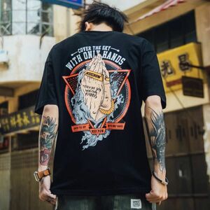 オーバーサイズTシャツ　ストリート　和風　ユニセックス　カットソー　ブラック　2XL