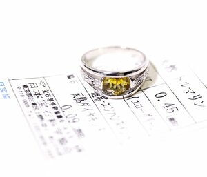 W-97*Pt900 yellow green tourmaline 0.45ct/ diamond 0.09ct ring Japan gem science association so-ting attaching 