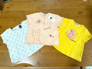 mikihouse80cm黄色・kp新品タグ付き90cmピンクベージュ・gap2year花柄 「80〜90cmTシャツ3点セット」