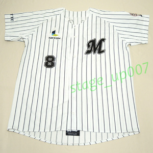 NPB 千葉ロッテマリーンズ／デサント製 ホーム ストライプユニフォーム-＃8/今江敏晃/sizeL-（美品）／管KBCQ