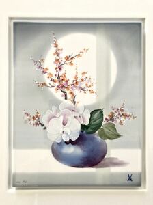 Art hand Auction Meissen Keramik Plakette, Orchideen in einer blauen Vase, Handgemalt, Japonismus, Blumen, Meisterwerk, Wandbehang, Malerei, Keramikplakette, Keramik, Westliche Keramik, Meissen