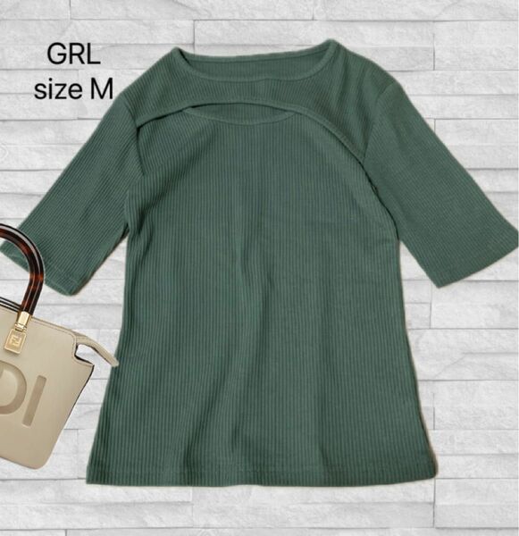 レディース トップス Tシャツ カットソー 半袖 フロント開き グリーン Mサイズ GRL（グレイル）