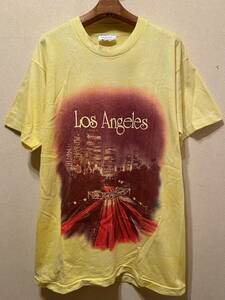 美品89年USA製80sビンテージLos AngelesスーベニアTシャツL袖/裾シングル丸胴コットン米国製フルーツオブザルームFRUITボディ黄1989s80年代