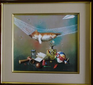Art hand Auction Artiste : Aki Yashiro Titre : Hamac et chat Technique : Peinture Shikishi (réplique) NO-6-1-8.8, Peinture, Peinture à l'huile, Peintures animalières