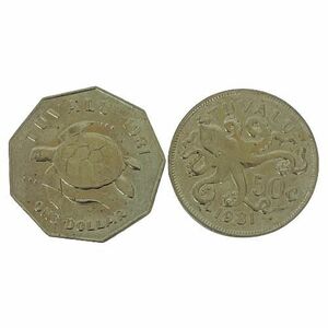 【TUVALU/ツバル】1981/1981年 ツバルコイン 1ドル ウミガメ/50セント タコ 2点おまとめ 外国古銭/硬貨★