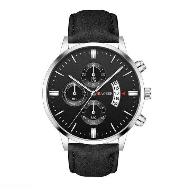 YAGEER社製 腕時計 ブラックxシルバー 黒レザーベルト