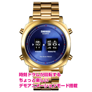 30m防水 メンズ ローラー デジタルアナログ腕時計 ステンレス ゴールドxブルー 金x青 ビジネス、カジュアル、スポーツ