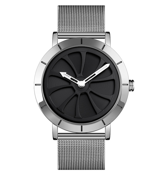 おしゃれでシンプル未来的デザインのアナログ腕時計ステンレス シルバーxブラック