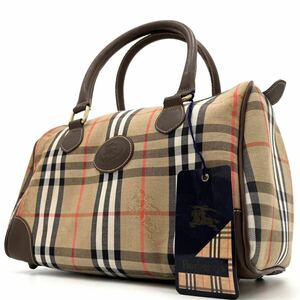 1円《 タグ付・外観美品 》BURBERRY バーバリー ミニボストン ハンドバッグ キャンバス ノバチェック ホースロゴ シャドーホース ブラウン