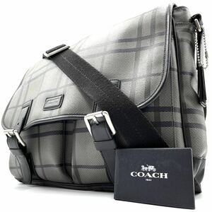《 極美品 》COACH コーチ ビジネス ショルダーバッグ メンズ チェック柄 格子柄 フラップ レザー A4 PC収納◎ ロゴ 大容量 グレー