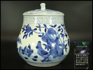 【銀閣】中国美術 青花 祥瑞 蓋壷 高22.5cm 旧家蔵出(UM587)