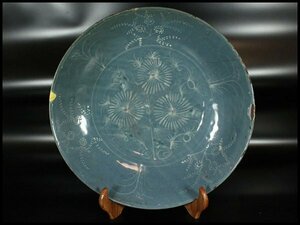 【金閣】中国美術 青釉 草花紋 大皿 φ36cm 明代 旧家蔵出(AZ827)