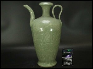 【銀閣】中国美術 青磁 刻纏蓮花紋 水注 瓶 高32.5cm 旧家蔵出(RC836)