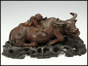 【金閣】中国美術 木彫 水牛童子 置物 旧家蔵出(AZ871)