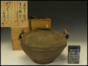 【銀閣】中国美術 漢 灰釉 双耳 壷 25.8cmx23.3cm 箱書 旧家蔵出(LC115)