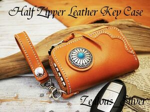  cologne . form!! half zipper leather key case gorgeous key holder attaching turquoise Conti . smart key cow book@nme Camel 