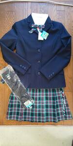 美品スーツセット上下　卒業式等　エンジェルブルーの紺のブレザー&タータンチェックのスカート（新品）L１６０ 