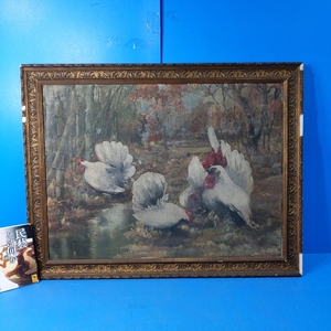 「作者不詳油彩画12号 水辺の鶏3羽 額装」明治後期～時代があります！