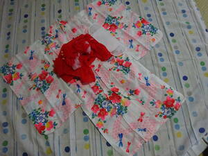 女の子リップル7歳用浴衣,中古、（浴衣・兵児帯・帯板）縫い揚げ済、