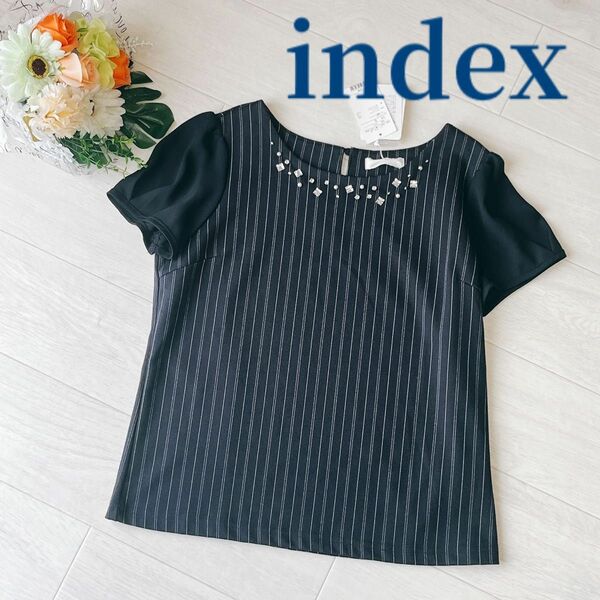 index シアースリーブ カットソー 半袖 Tシャツ トップス ビジューネック ストライプ 新品