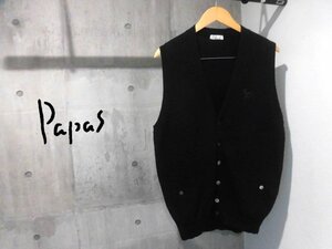 PAPAS パパス ロゴ刺繍 フロントボタン ウールニット ベスト M/アンゴラ カシミヤ 混 ニット/メンズ/黒 ブラック