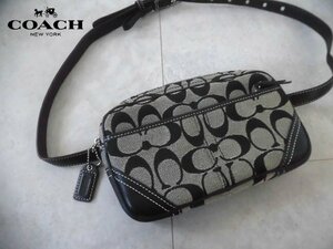 美品 COACH コーチ シグネチャー キャンバス×レザー ウエストバッグ/ウエストポーチ/ボディバッグ/鞄 カバン/ネイビー