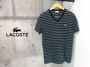 LACOSTE ラコステ TH8826 REGULAR FIT Vネック ボーダー 半袖 Tシャツ 4/ワニロゴワッペン カットソー/紺 ネイビー/メンズ/程度良好