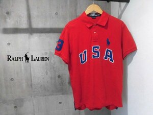 POLO RALPH LAUREN/ポロ ラルフローレン CUSTOM FIT USAワッペン x ビッグポニー刺繍 半袖 ポロシャツ L/半袖シャツ/カノコ/レッド/メンズ