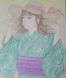 【真作】Satoru　題画:「夏風に揺られ」　サイズ：F10　天竺綿パネル、日本画　絵画　人物画　美人画　☆本人出品☆