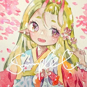 手描きイラスト オリジナル 鬼 桜 ハガキサイズ 透明水彩
