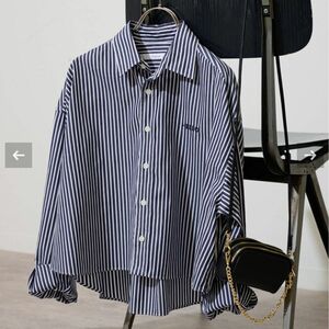 【新品】FRAMeWORK100/2ストライプショートシャツ　ネイビー
