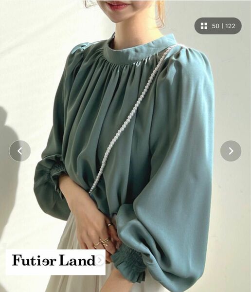 〈Futier land〉ハイネックバルーンスリーブブラウス　ブルーグリーン