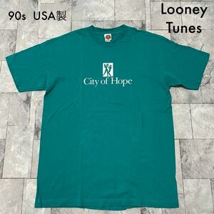 90s USA製 Looney Tunes ルーニーチューンズ Tシャツ T-shirt TEE 半袖 プリントロゴ ヴィンテージ ビッグシルエット ターコイズ 玉SS1749