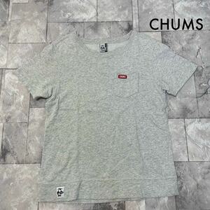 CHUMS チャムス Tシャツ T-shirt TEE 半袖 刺繍ロゴ 胸ポケット アウトドア カジュアル グレー レディース サイズL 玉SS1806