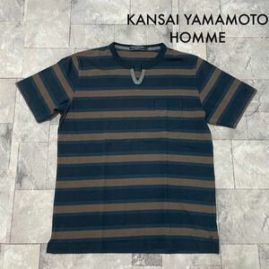 KANSAI YAMAMOTO HOMME カンサイヤマモトオム Tシャツ T-shirt TEE 半袖 ボーダー 胸ポケット 刺繍 アニマルサイ サイズL 玉SS1812