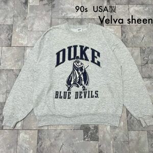 90s USA製 Velva sheen ベルバシーン sweat スウェット トレーナー カレッジロゴ DUKE ブルーデビルス ヴィンテージ グレー 玉FL3599