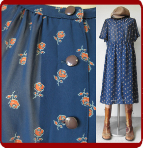 古着♪レトロ・Vintage青バラ柄シフォンワンピ♪70s60s70年代60年代ヴィンテージ昭和レトロ半袖春夏衣装式アンティーク即決ガーリー大きめ