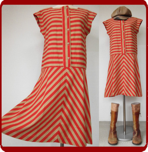  old clothes! retro *Vintage orange red stripe moz dress!70s60s70 period 60 period costume Vintage Showa Retro pop 9 number flax antique prompt decision 