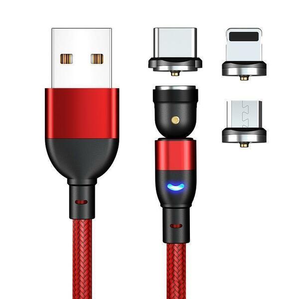 [351] USB充電ケーブル 2m 540度マグネット脱着式 Lightning端子3個 レッド