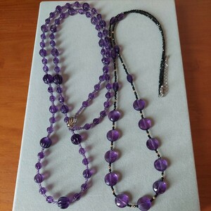 1000 jpy start!! beautiful amethyst checker board cut, design cut long necklace 2 point set ultra rare commodity 