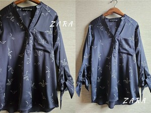 ザラ ZARA 大人お洒落バード柄♪とろみ素材♪シャツ ブラウス ネイビー 紺