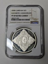 イギリス 2008年 5ポンド銀貨 エリザベス1世 450年 記念硬貨 NGC PF69UC 準最高鑑定_画像1