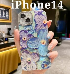 花柄 ブルーレイ スマホケース iPhone14 ライトブルー カメラレンズ保護