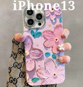花柄 ブルーレイ スマホケース iPhone13 パープル カメラレンズ保護