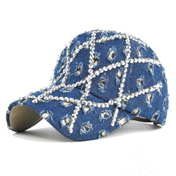 豪華キャップ　デコレーション　帽子　デニム　ブルー　菱形　キラキラ