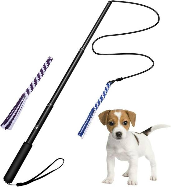 犬用釣竿型おもちゃ 伸縮 犬ロープ 噛むおもちゃ 訓練用 交換用おもちゃ2個付き