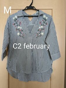 【C2 february】7部袖ストライプ柄シャツブラウス　M　グレー