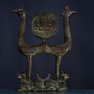 旧藏 中国西周時代の青銅双鳳鼓架です 青銅器 時代物 中國古美術 極細工 置物 賞物 唐物 古美術品 希少 收藏品 DYW131