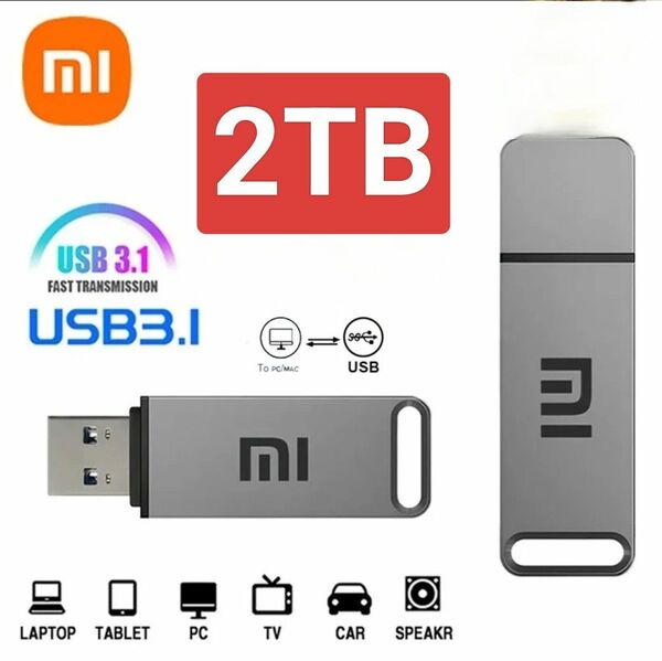 2TB　(2000GB) 　USBメモリー　シルバー　キャップ付き